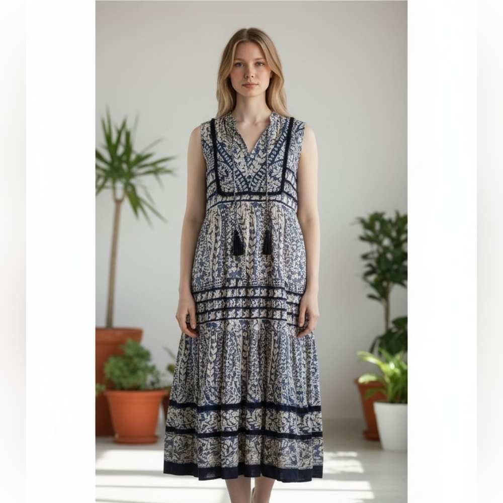 Lola Australia blue white tassel sleeveless maxi dress sz large new